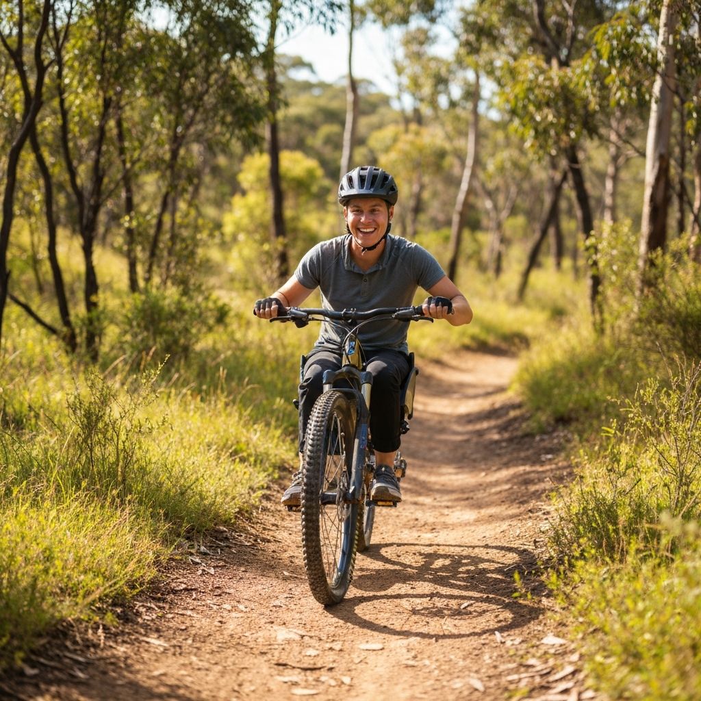 Person using adaptive mountain bike equipment on an outdoor trail